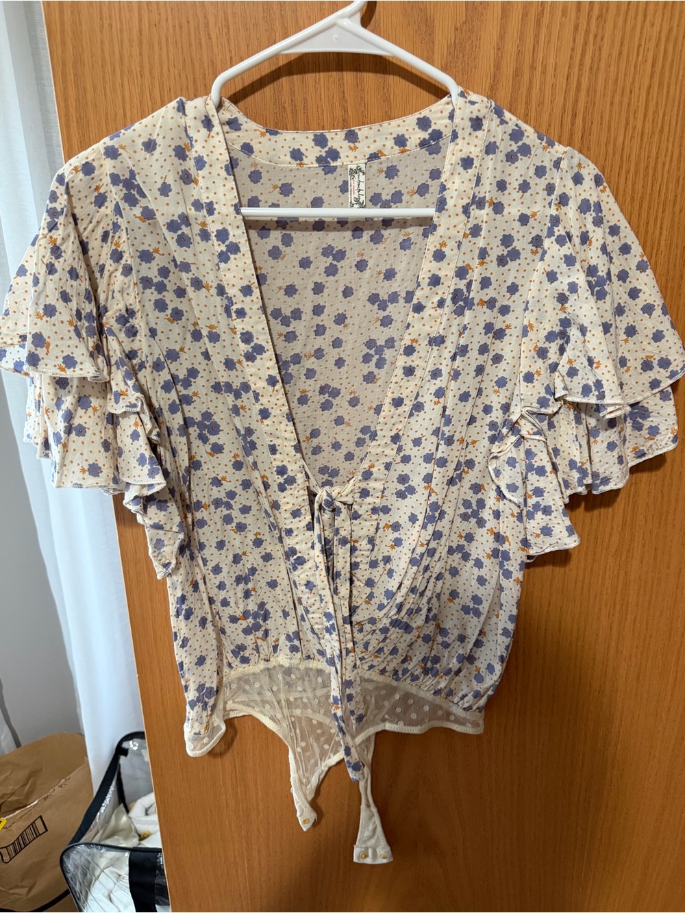 Floral Tie-Front Ruffle Sleeve bodysuit- Cream with Blue Floral